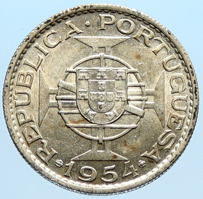 1954 PORTUGAL Colony of MOZAMBIQUE OLD Vintage Silver 10 Escudos Coin i96604