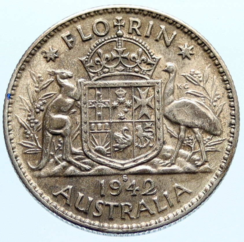 1942M AUSTRALIA Large King George VI Kangaroos VINTAGE Silver Florin Coin i96594