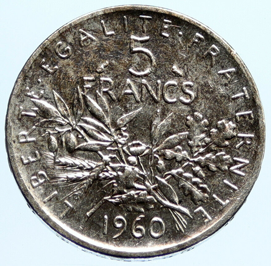 1960 FRANCE French LARGE with La Semeuse SOWER WOMAN Silver 5 Francs Coin i96598