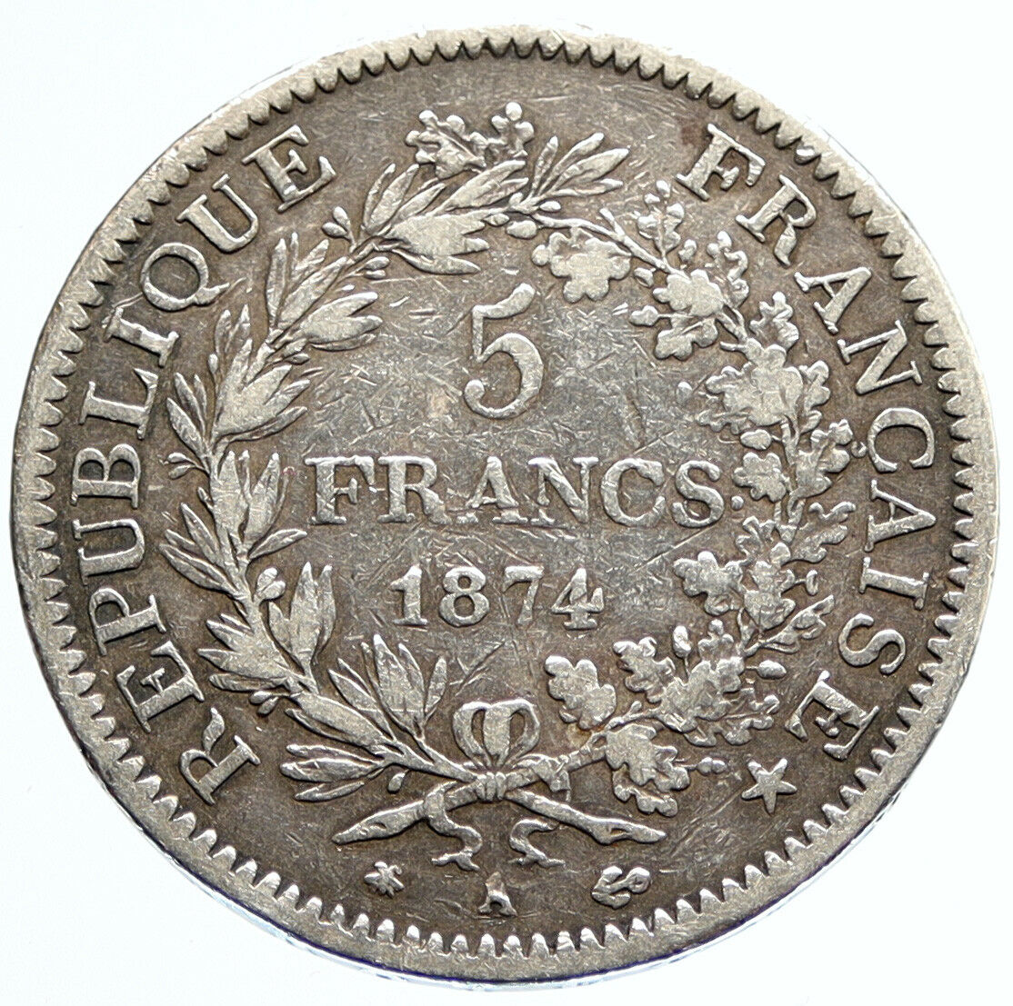 1874 A FRANCE Hercules Group Antique VINTAGE Silver 5 Franc French Coin i96638