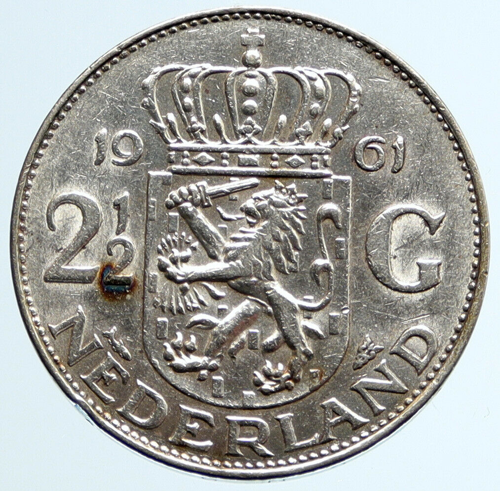 1961 Netherlands Kingdom Queen JULIANA Vintage Silver 2 1/2 Gulden Coin i96636