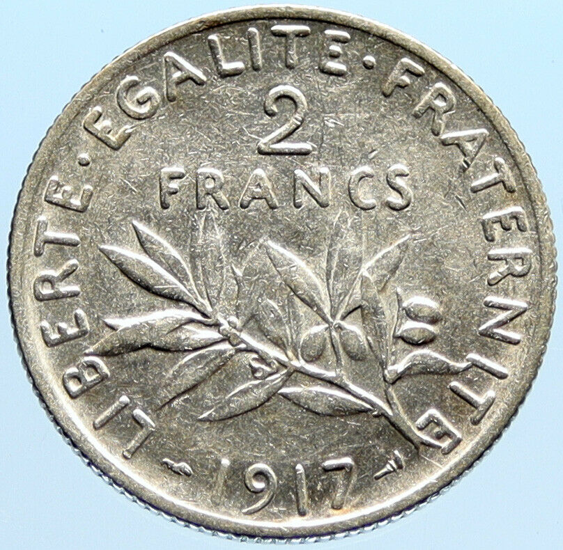 1917 FRANCE Antique Silver 2 Francs French Coin w La Semeuse Sower Woman i96599