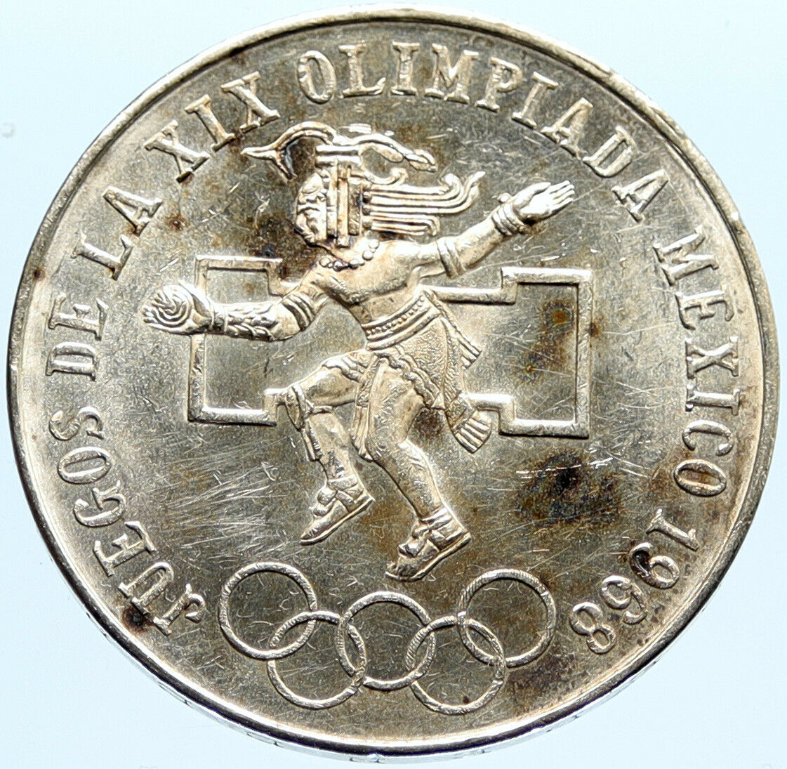 1968 Mexico XIX Olympic Games Aztec Ball Player BIG 25 Pesos Silver Coin i96601