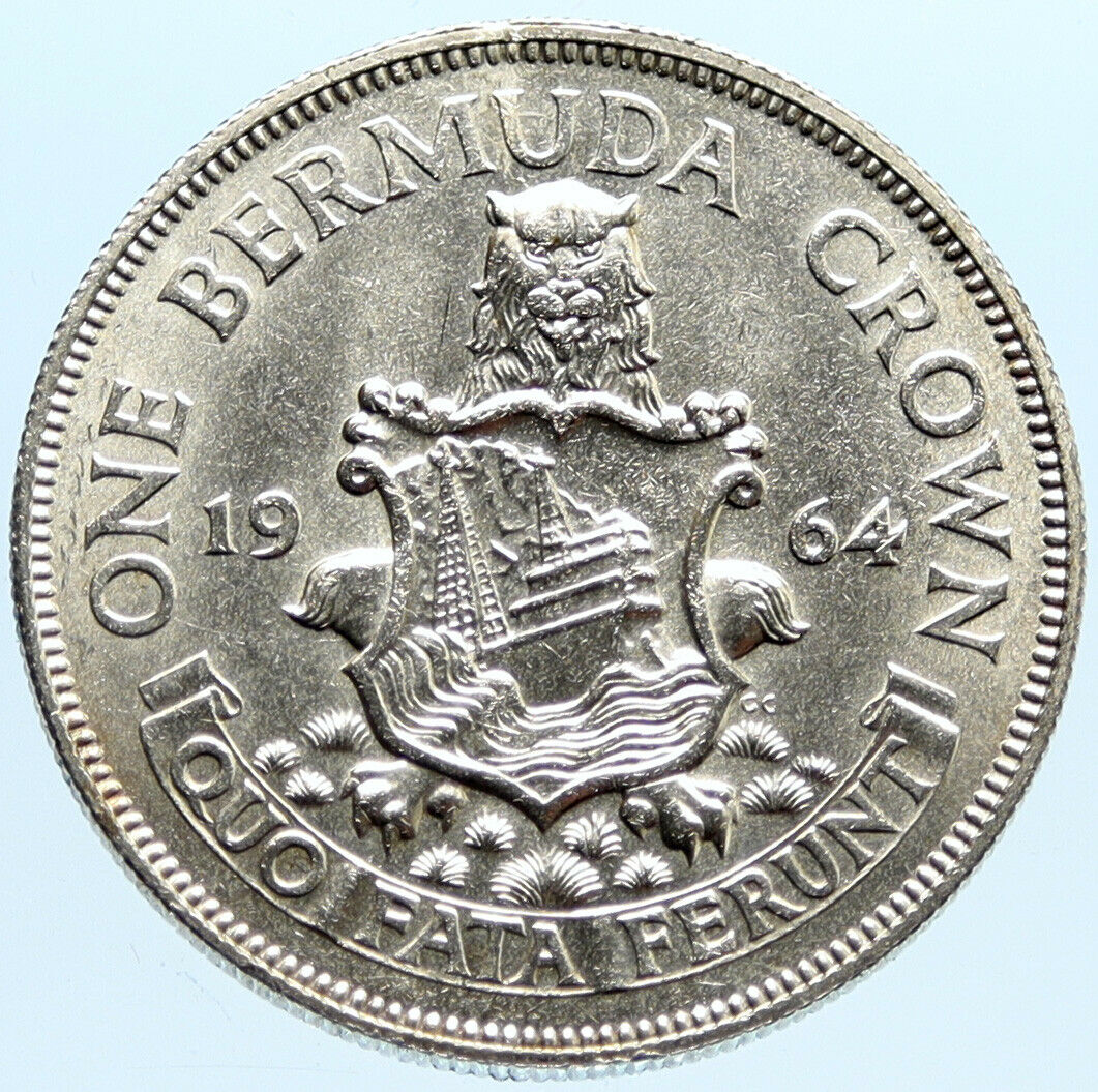 1964 BERMUDA British Colony LARGE Elizabeth II VINTAGE Silver Crown Coin i96622