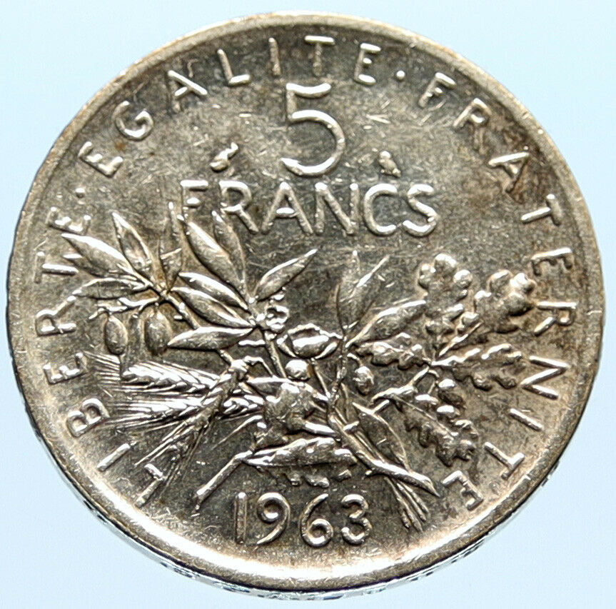 1963 FRANCE French LARGE with La Semeuse SOWER WOMAN Silver 5 Francs Coin i96606