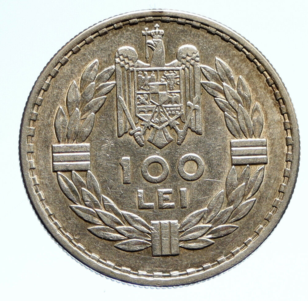 1932 ROMANIA King Carol II Eagle VINTAGE Old Silver 100 Lei Romanian Coin i96075