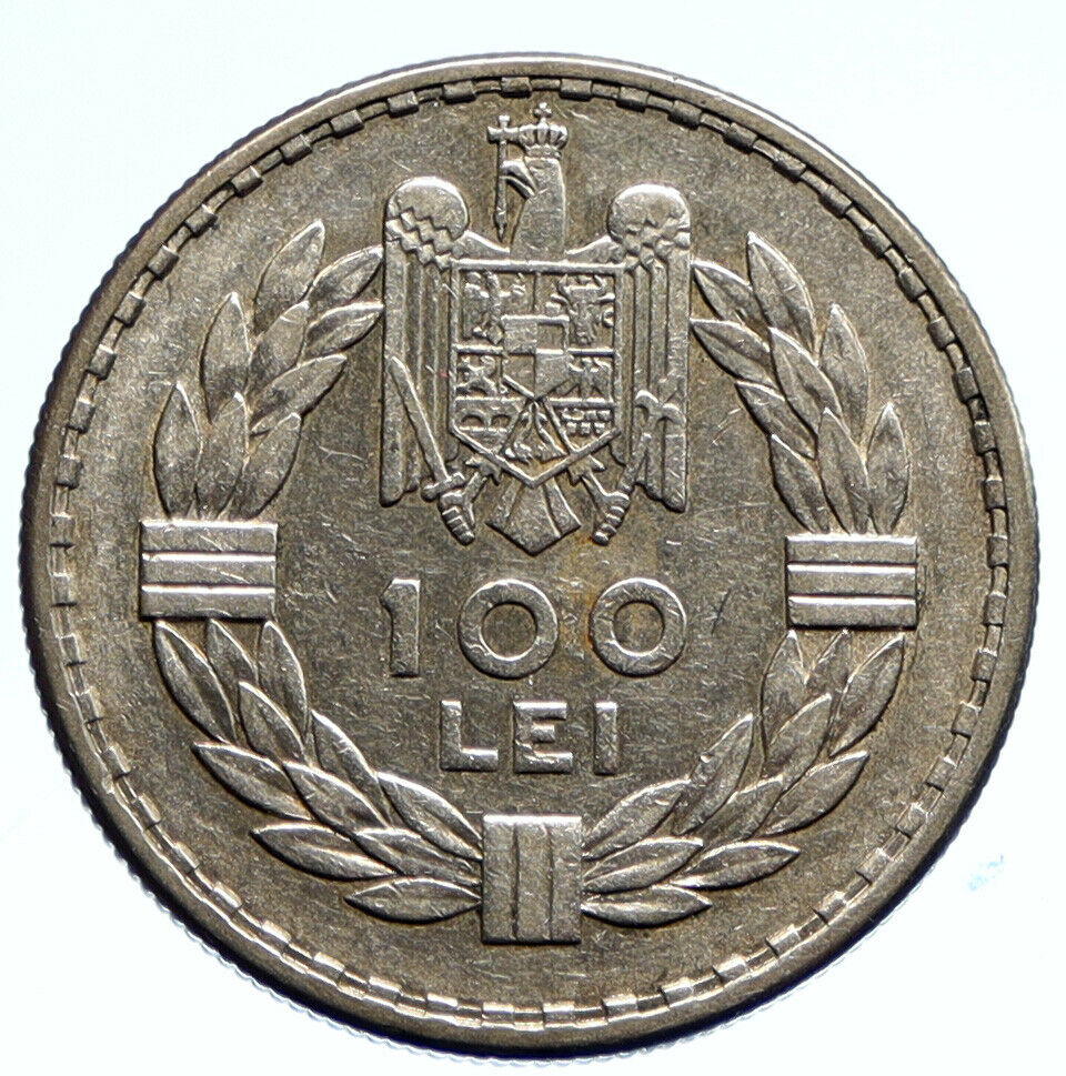 1932 ROMANIA King Carol II Eagle VINTAGE Old Silver 100 Lei Romanian Coin i96074