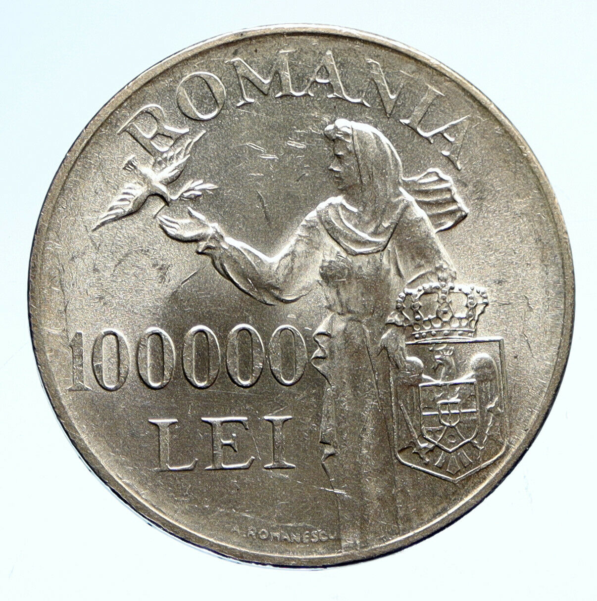 1946 ROMANIA Michael I Romanian Lady Bird Antique Silver 100000 Lei Coin i96077