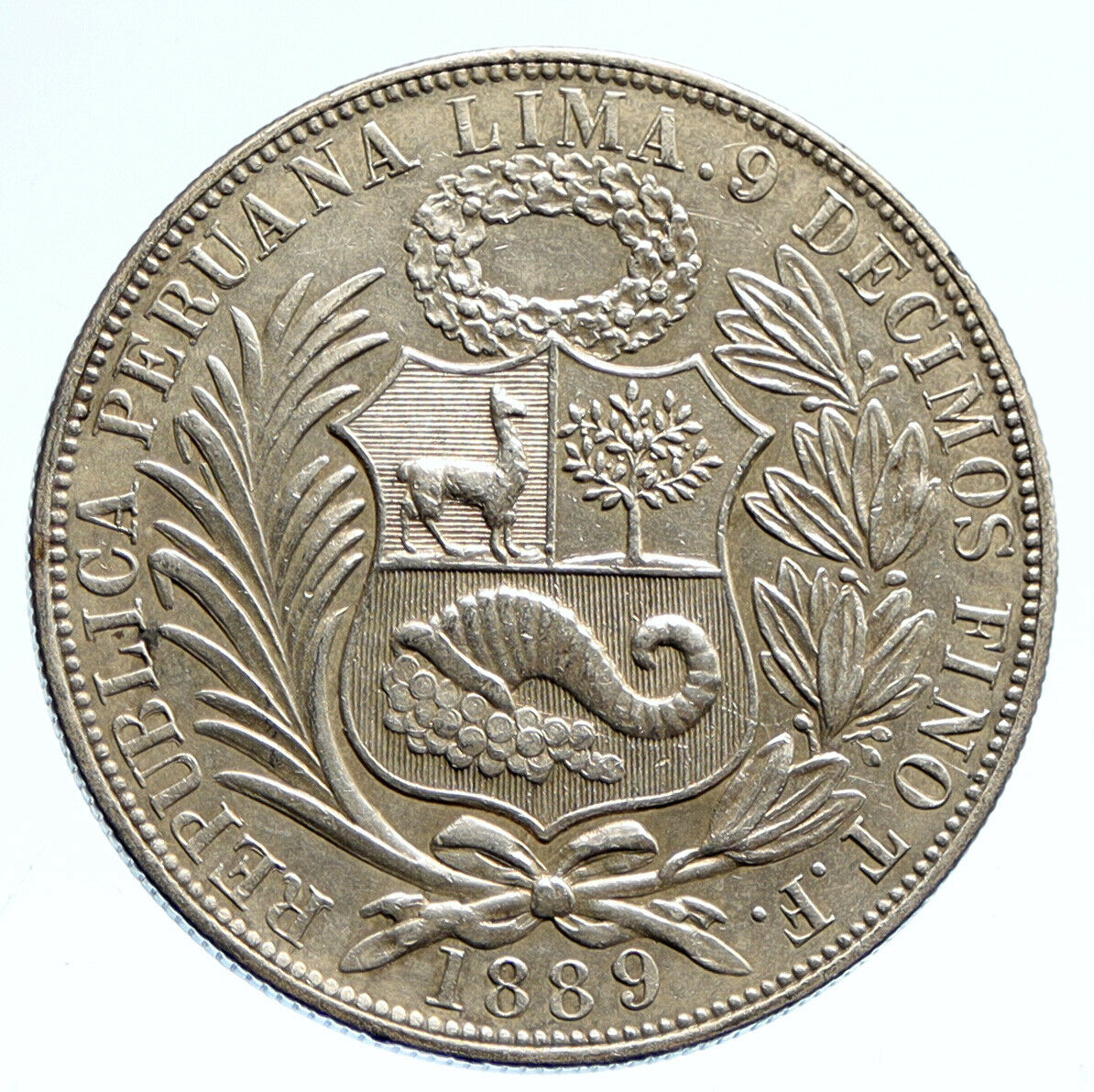 1889 TF PERU South America Antique Original BIG Silver Peruvian SOL Coin i96082