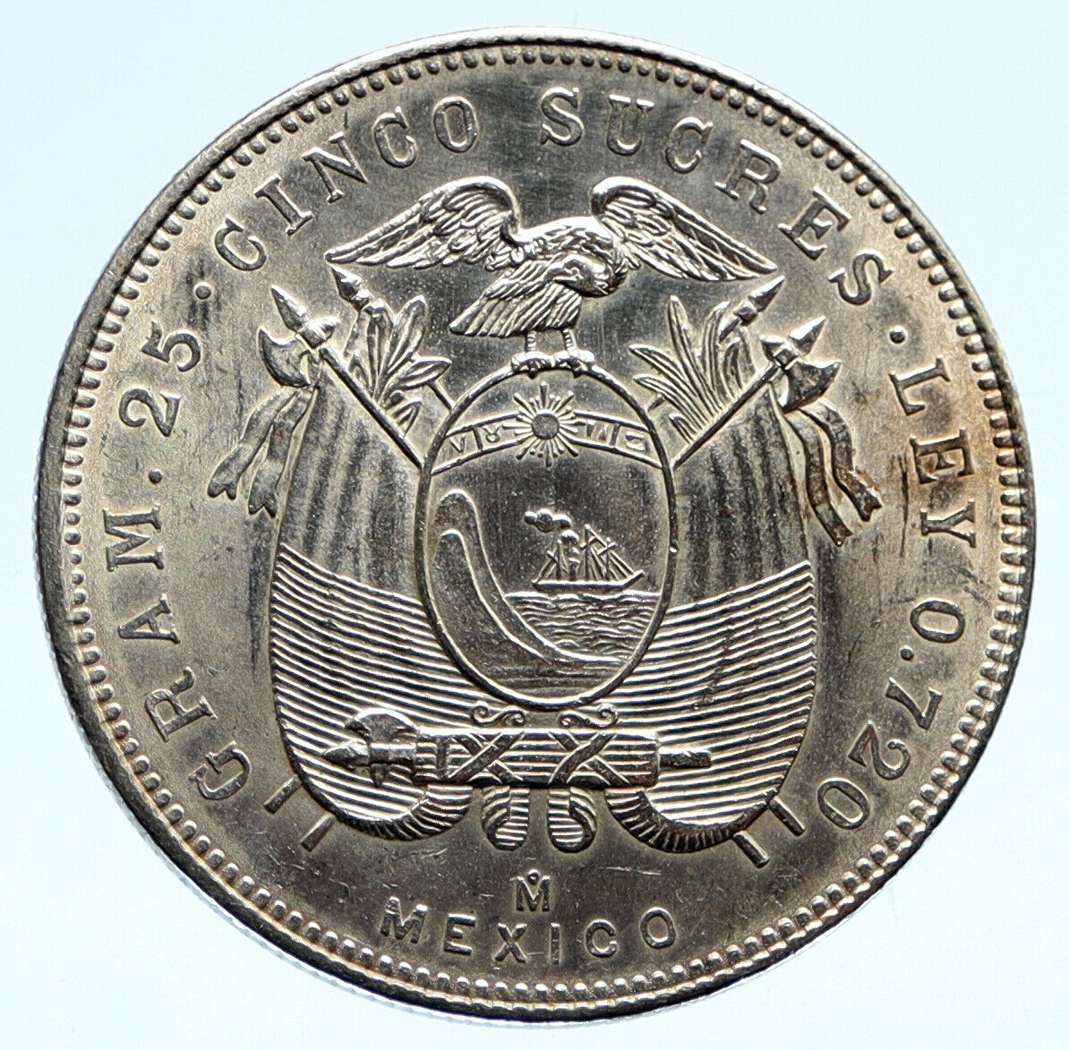 1944 ECUADOR Antonio Jose de Sucre y Alcala VINTAGE Silver 5 Sucres Coin i96083