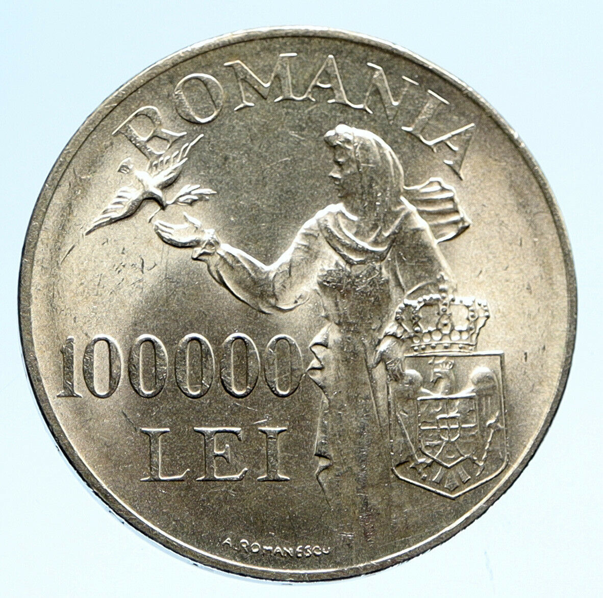 1946 ROMANIA Michael I Romanian Lady Bird Antique Silver 100000 Lei Coin i96078