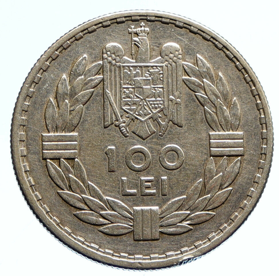 1932 ROMANIA King Carol II Eagle VINTAGE Old Silver 100 Lei Romanian Coin i96081