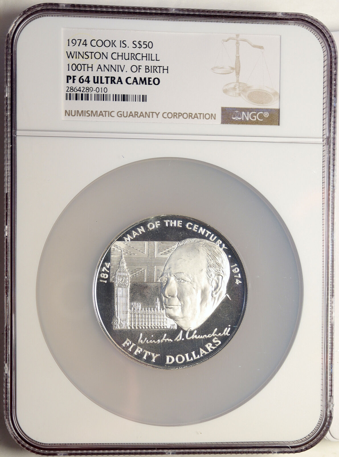 1974 COOK ISLANDS Elizabeth II WINSTON CHURCHILL Old Silver $50 Coin NGC i98554