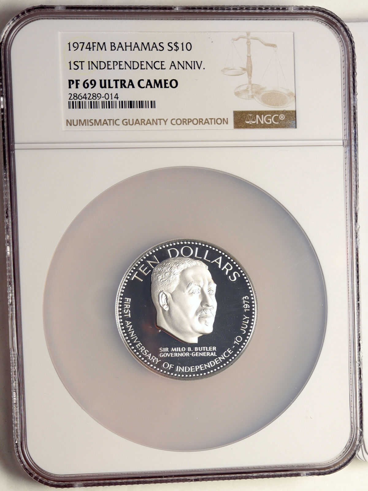 1974 BAHAMAS Large Independence Milo Butler OLD Proof Silver $10 NGC Coin i98551