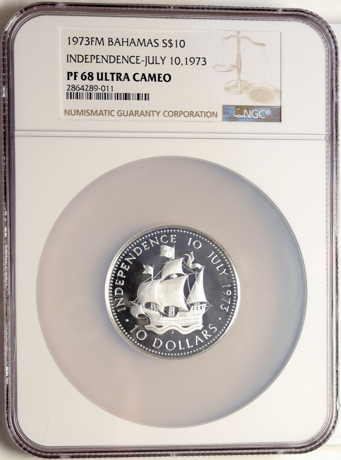 1973 The BAHAMAS Ship Santa Maria VINTAGE OLD Proof Silver $10 Coin NGC i98548