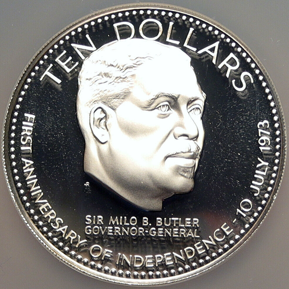 1974 BAHAMAS Large Independence Milo Butler OLD Proof Silver $10 NGC Coin i98552