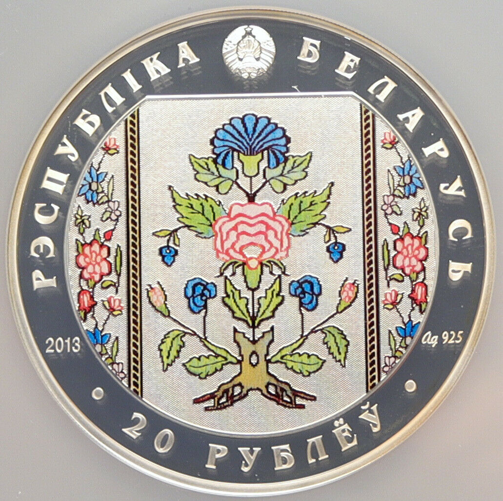 2013 BELARUS The Belts of Slutsk MARKINGS Proof Silver 20 Rubles Coin NGC i98549