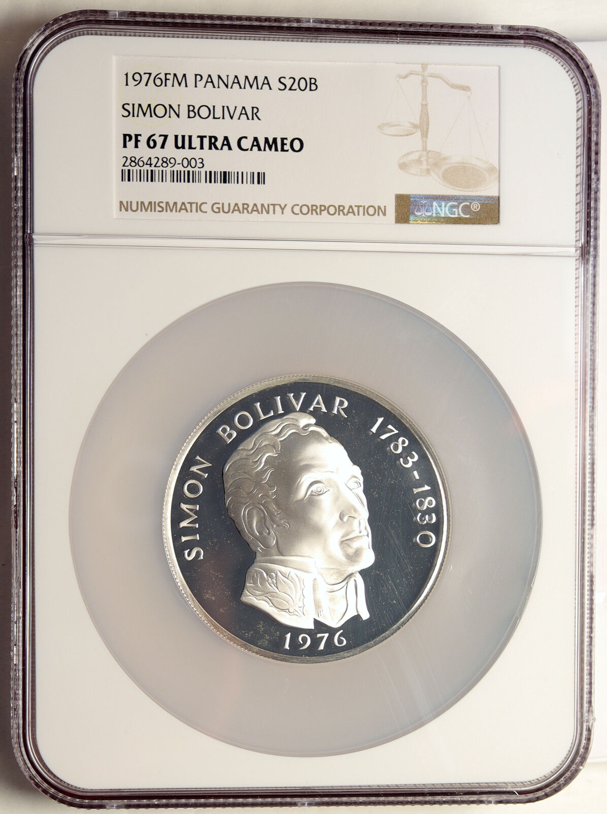 1976 PANAMA Huge Proof Silver 3.8oz 20 Balboas Coin w SIMON BOLIVAR NGC i98555