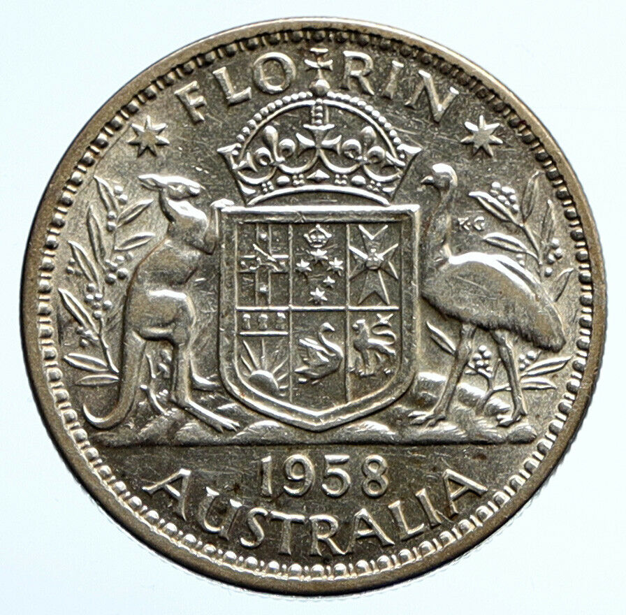 1958 AUSTRALIA UK Queen Elizabeth II OLD SILVER FLORIN Coin Coat-of-Arms i96541