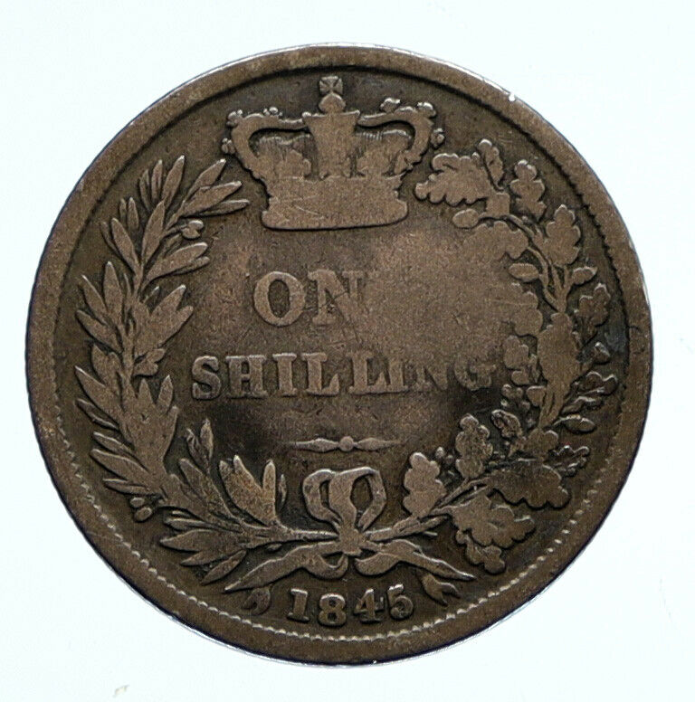 1845 UK Great Britain United Kingdom QUEEN VICTORIA Shilling Silver Coin i96544