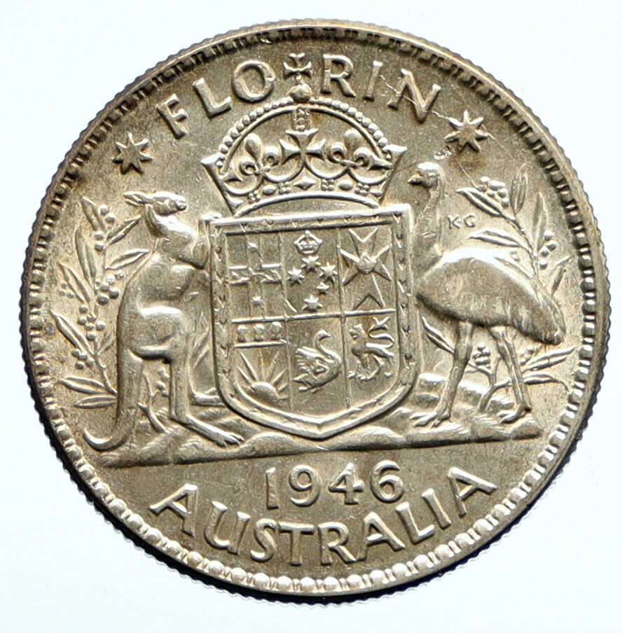 1946 AUSTRALIA UK King George VI Kangaroos Antique OLD Silver Florin Coin i96547