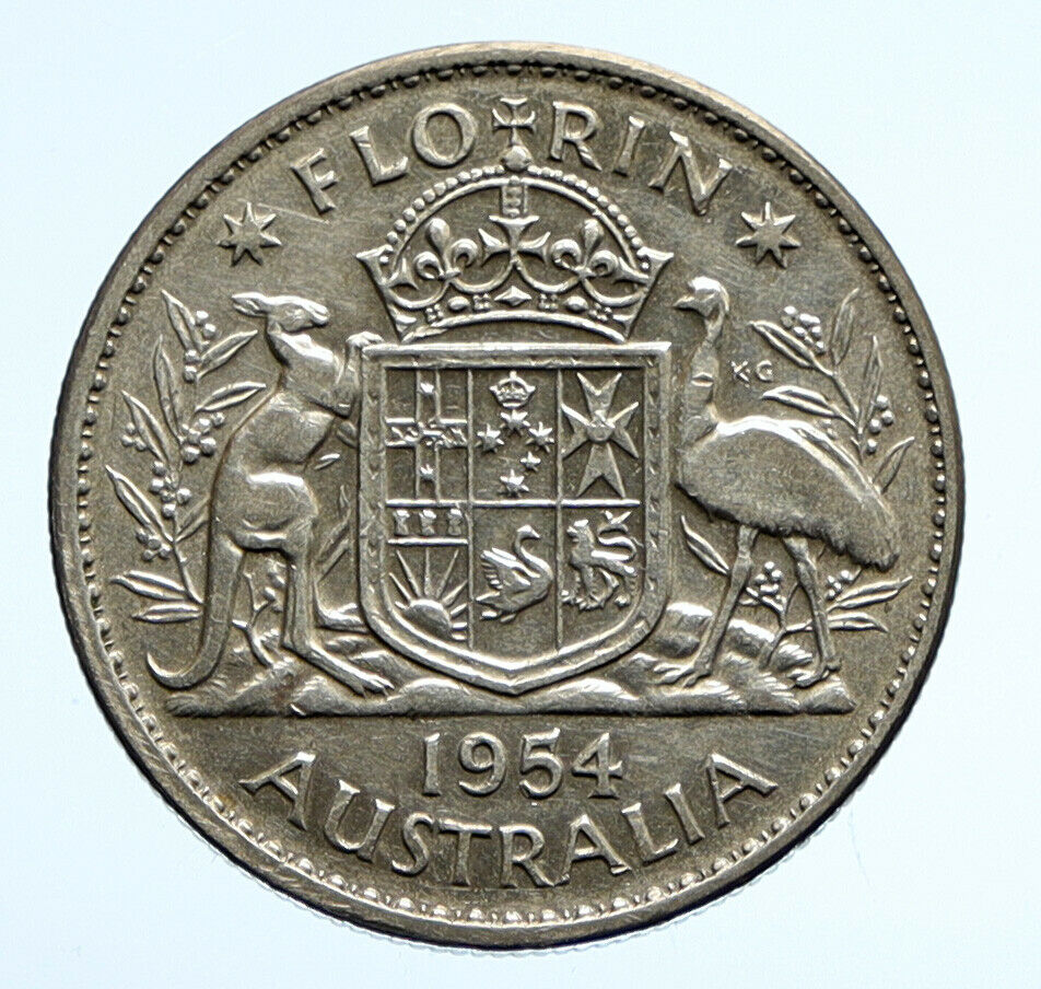 1954 AUSTRALIA UK Queen Elizabeth II OLD SILVER FLORIN Coin Coat-of-Arms i96542