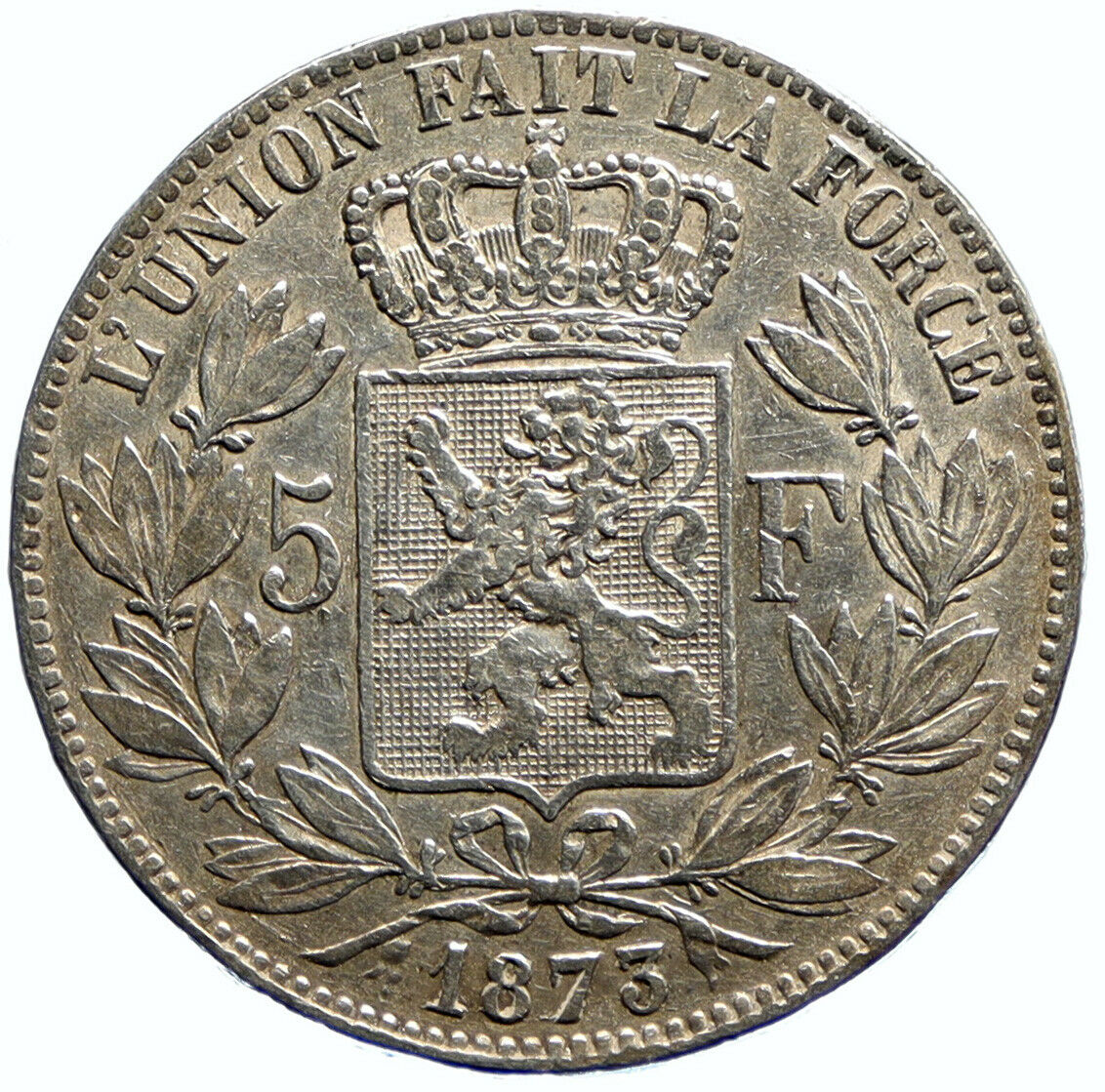 1873 BELGIUM with King LEOPOLD II and LION Genuine Silver 5 Francs Coin i96582