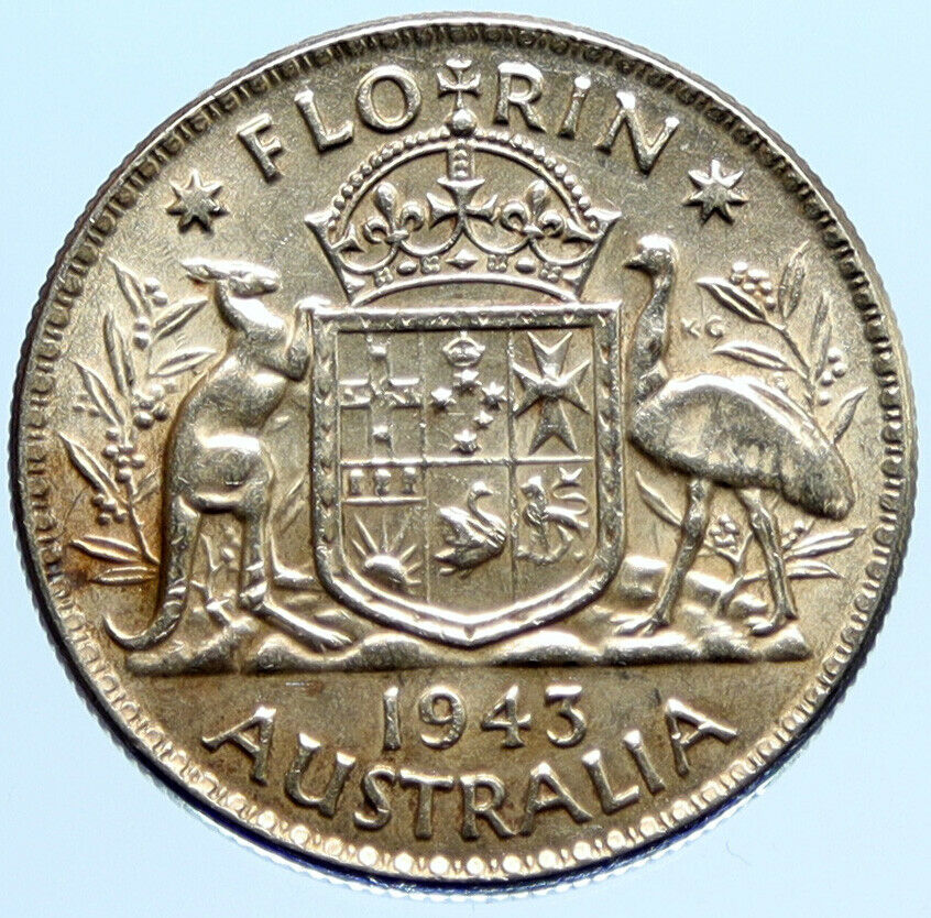 1943M AUSTRALIA Large King George VI Kangaroos VINTAGE Silver Florin Coin i96588