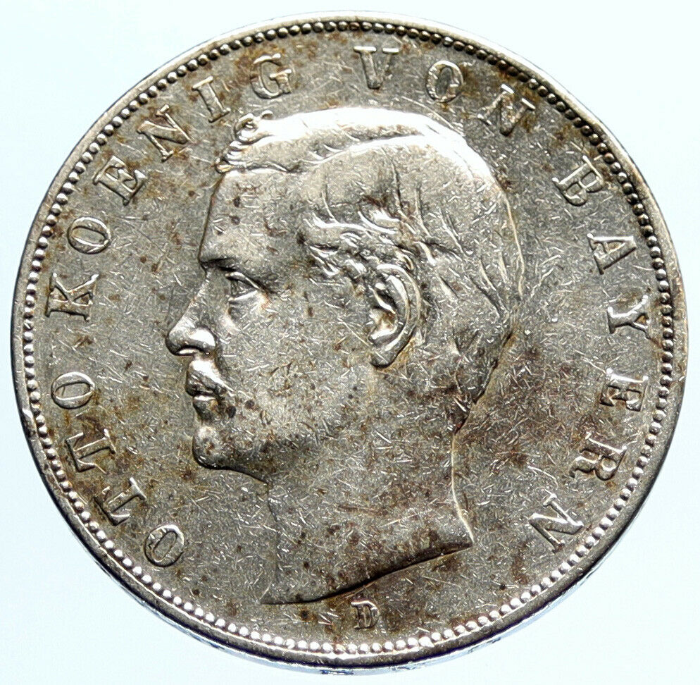 1909 D GERMANY German States BAVARIA King OTTO Silver 3 Mark Coin w EAGLE i96591