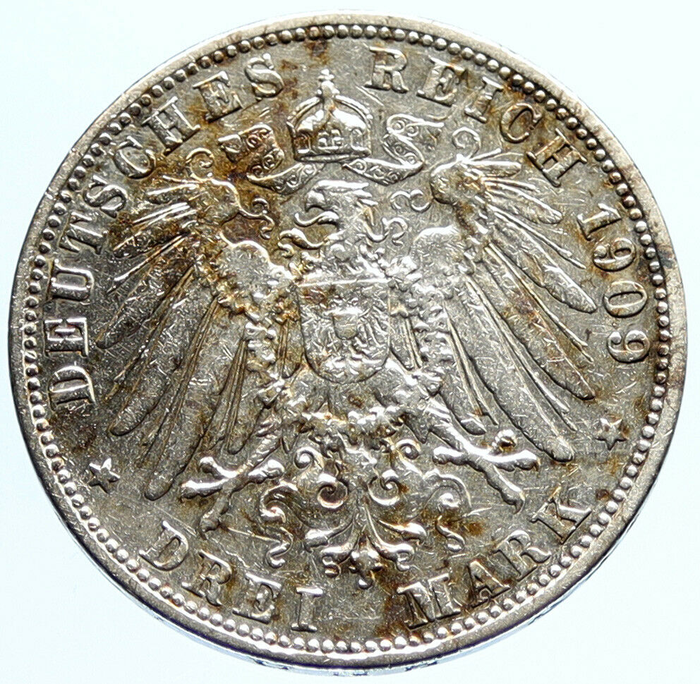 1909 D GERMANY German States BAVARIA King OTTO Silver 3 Mark Coin w EAGLE i96591