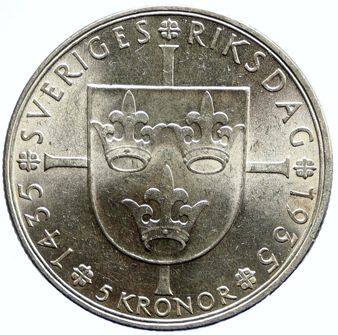 1935 SWEDEN w Riksdag KING Gustav V SWEDISH Antique Silver 5 Kronor Coin i96579