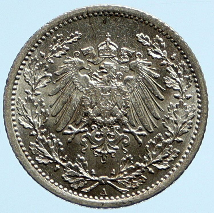 1915 A WILHELM II of GERMANY 1/2 Mark Antique German Silver Coin Eagle i96567