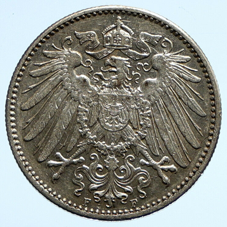 1914 F WILHELM II GERMANY Antique German Empire Silver 1 Mark Coin Eagle i96584