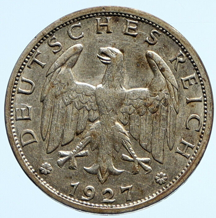 1927 J GERMANY Weimar Republic EAGLE Antique OLD Silver Mark German Coin i96570