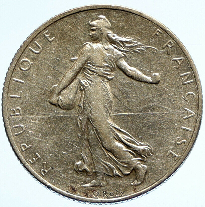 1918 FRANCE Antique Silver 2 Francs French Coin w La Semeuse Sower Woman i96571