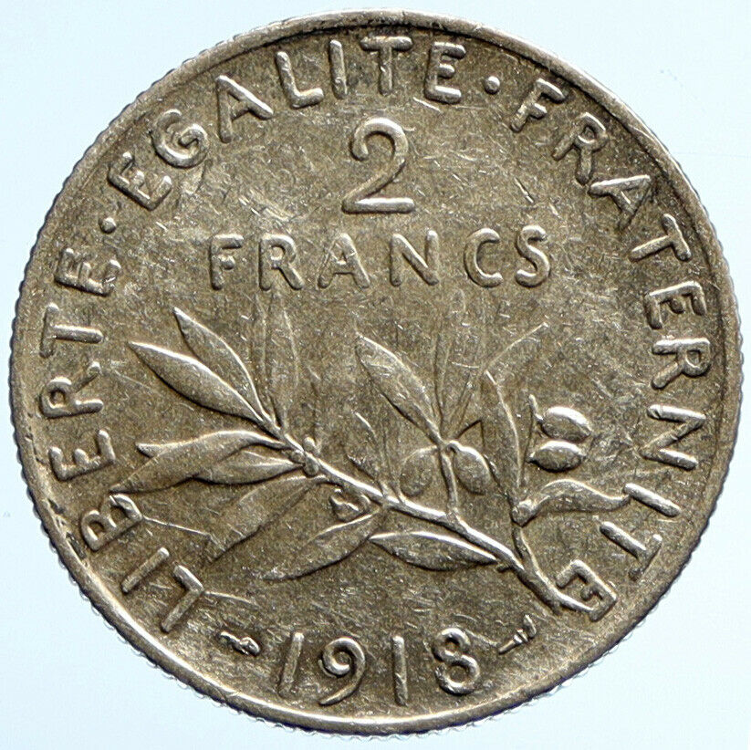 1918 FRANCE Antique Silver 2 Francs French Coin w La Semeuse Sower Woman i96571