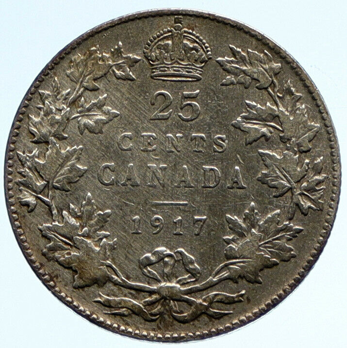 1917 CANADA UK King George V VINTAGE Antique RARE SILVER 25 CENTS Coin i96574