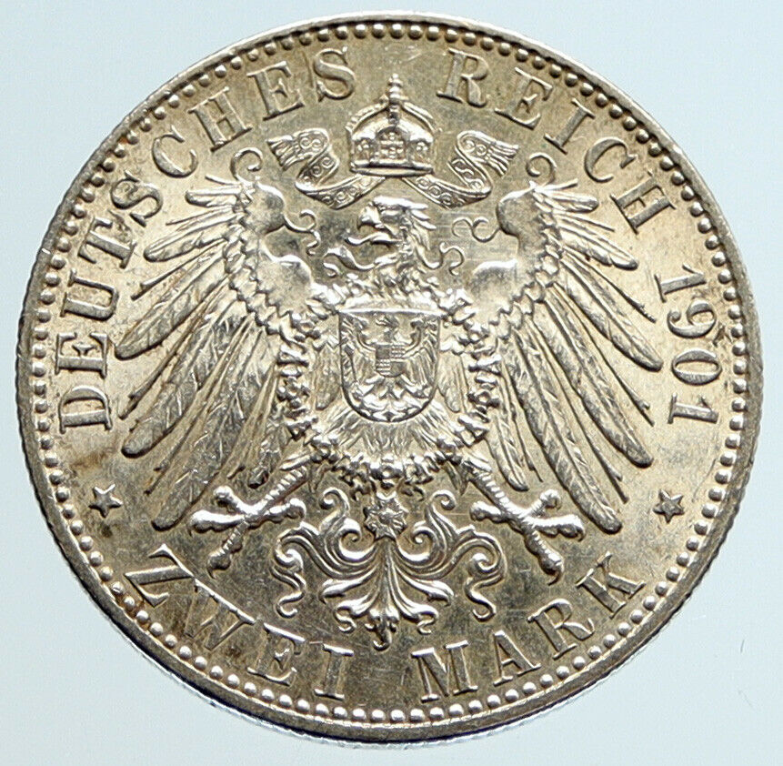 1901A Germany PRUSSIA KINGDOM Wilhelm II & Frederick I Silver 2 Mark Coin i96662