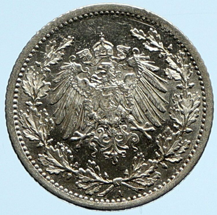 1915 A WILHELM II of GERMANY 1/2 Mark Antique German Silver Coin Eagle i96568