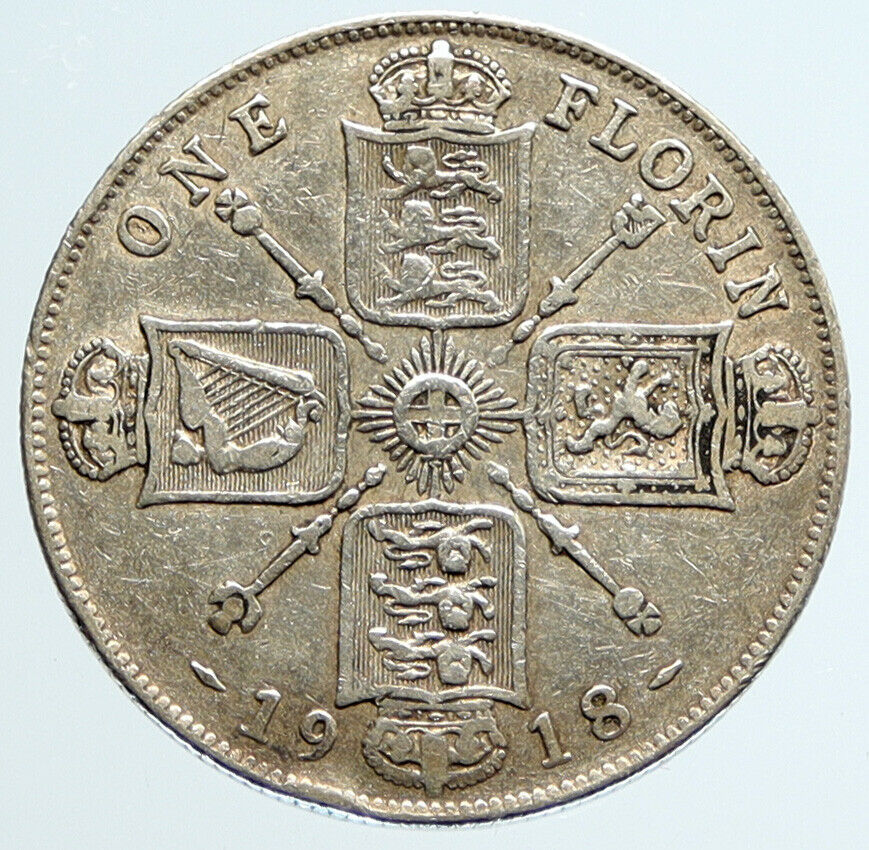 1918 GREAT BRITAIN UK United Kingdom King George V Big SILVER FLORIN Coin i96653