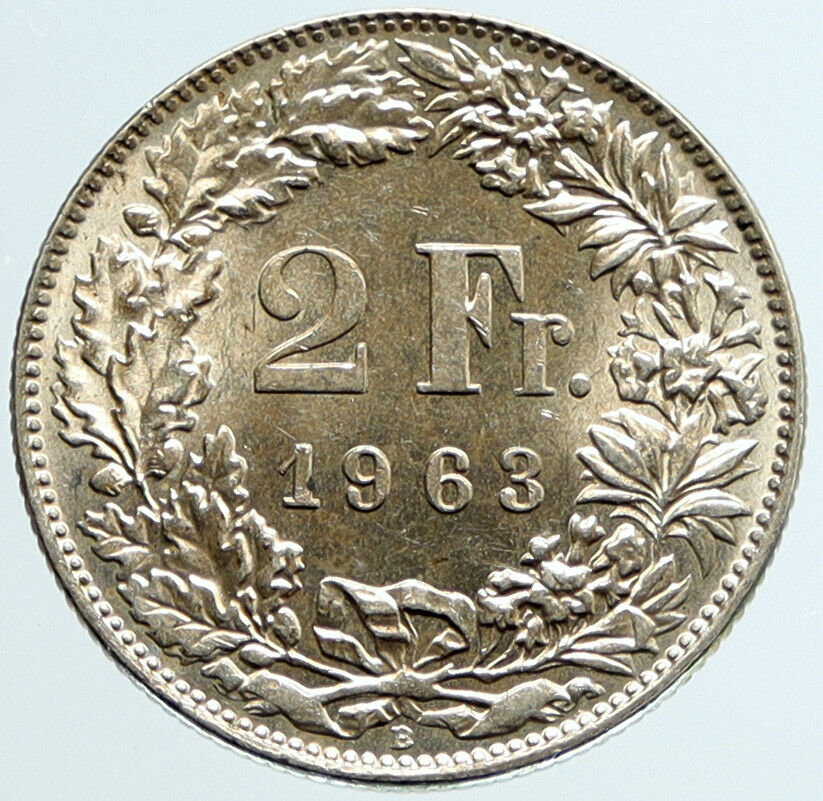 1963 B SWITZERLAND HELVETIA Symbolizes SWISS Nation Silver 2 Francs Coin i96651