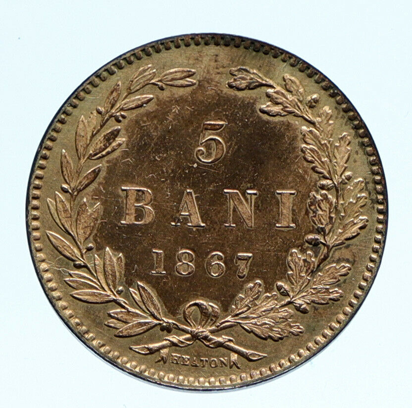 1867 ROMANIA with KING CAROL I Crowned ANTIQUE Vintage OLD 5 Bani Coin i96424