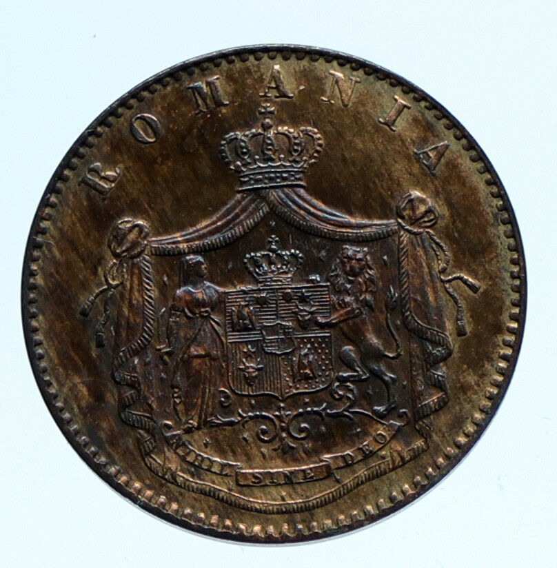 1867 ROMANIA with KING CAROL I Crowned ANTIQUE Vintage OLD 5 Bani Coin i96424