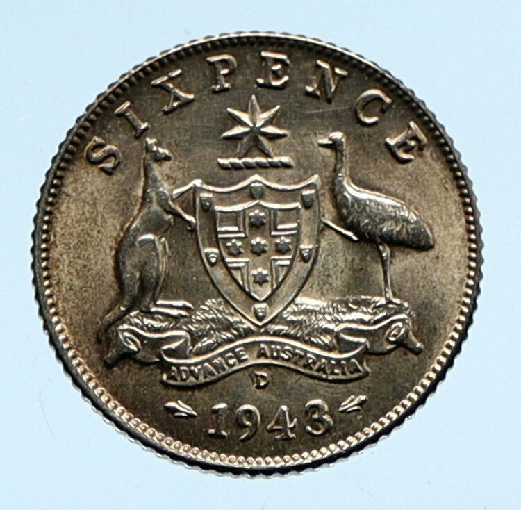 1943D AUSTRALIA King George VI Kangaroos Antique OLD Silver Sixpence Coin i96472