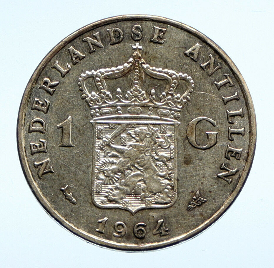 1964 NETHERLANDS ANTILLES Queen JULIANA Vintage SILVER OLD Gulden Coin i96478