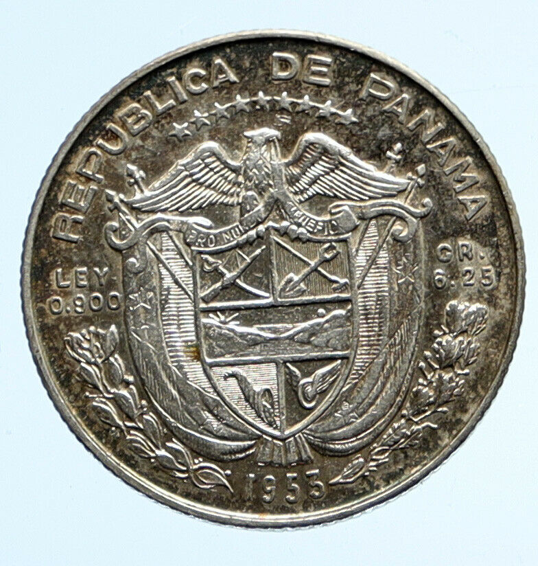 1953 PANAMA Antique VINTAGE Silver Spanish CONQUISTADOR 1/4 Balboa Coin i96531