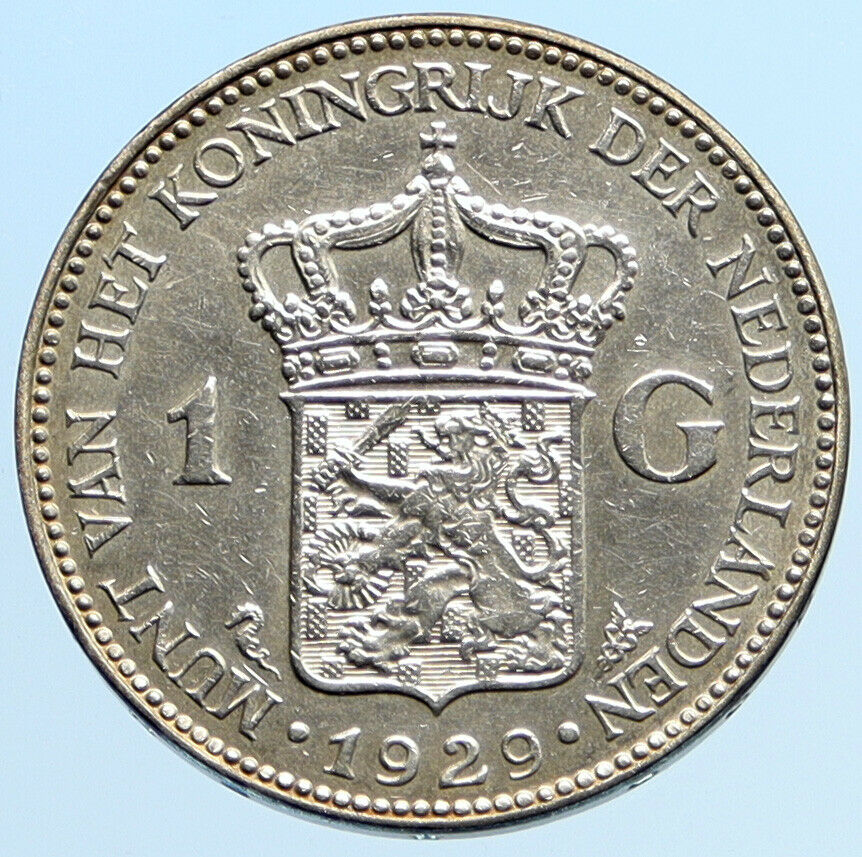 1929 NETHERLANDS Kingdom w Queen WILHELMINA VINTAGE Silver 1 Gulden Coin i96951