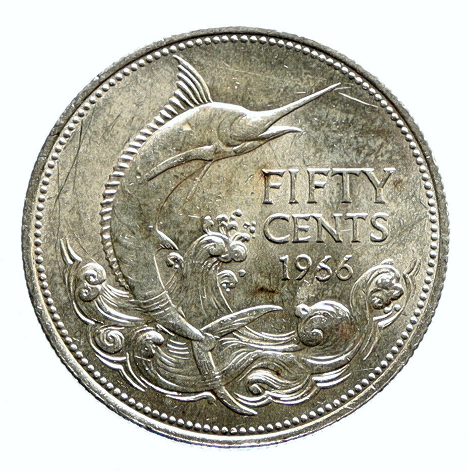 1966 BAHAMAS UK Queen Elizabeth II and Marlin FISH Silver Coin 50 Cents i96536