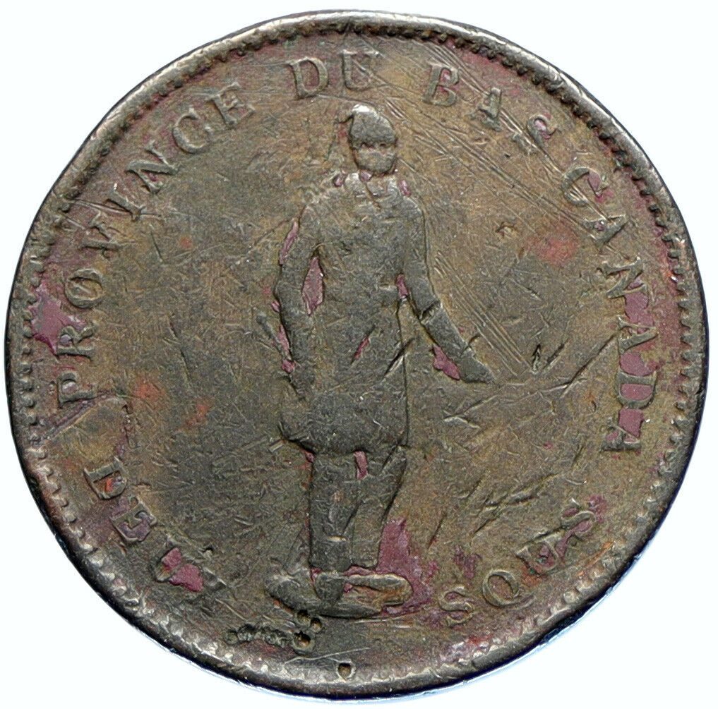 1837 CANADA Quebec Bank Token History HABITANT Antique VINTAGE Penny Coin i97219