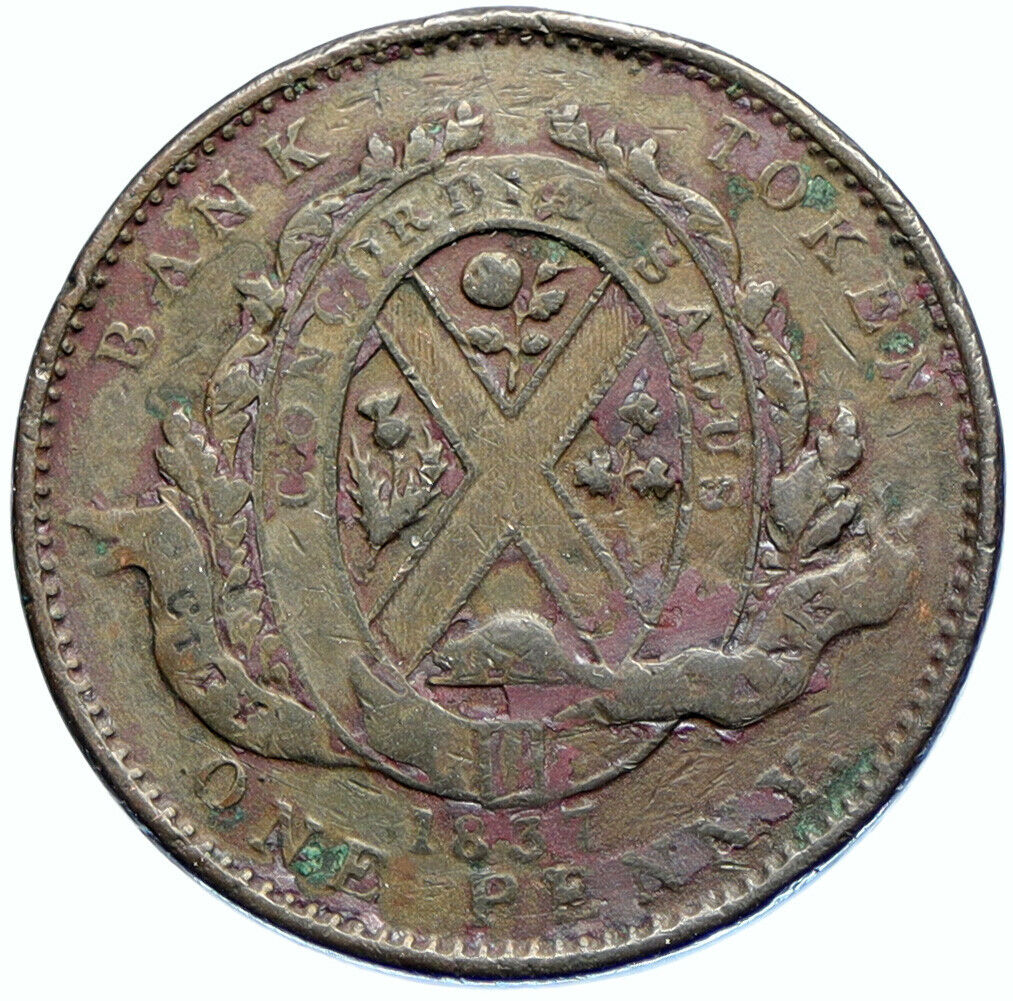 1837 CANADA Quebec Bank Token History HABITANT Antique VINTAGE Penny Coin i97219